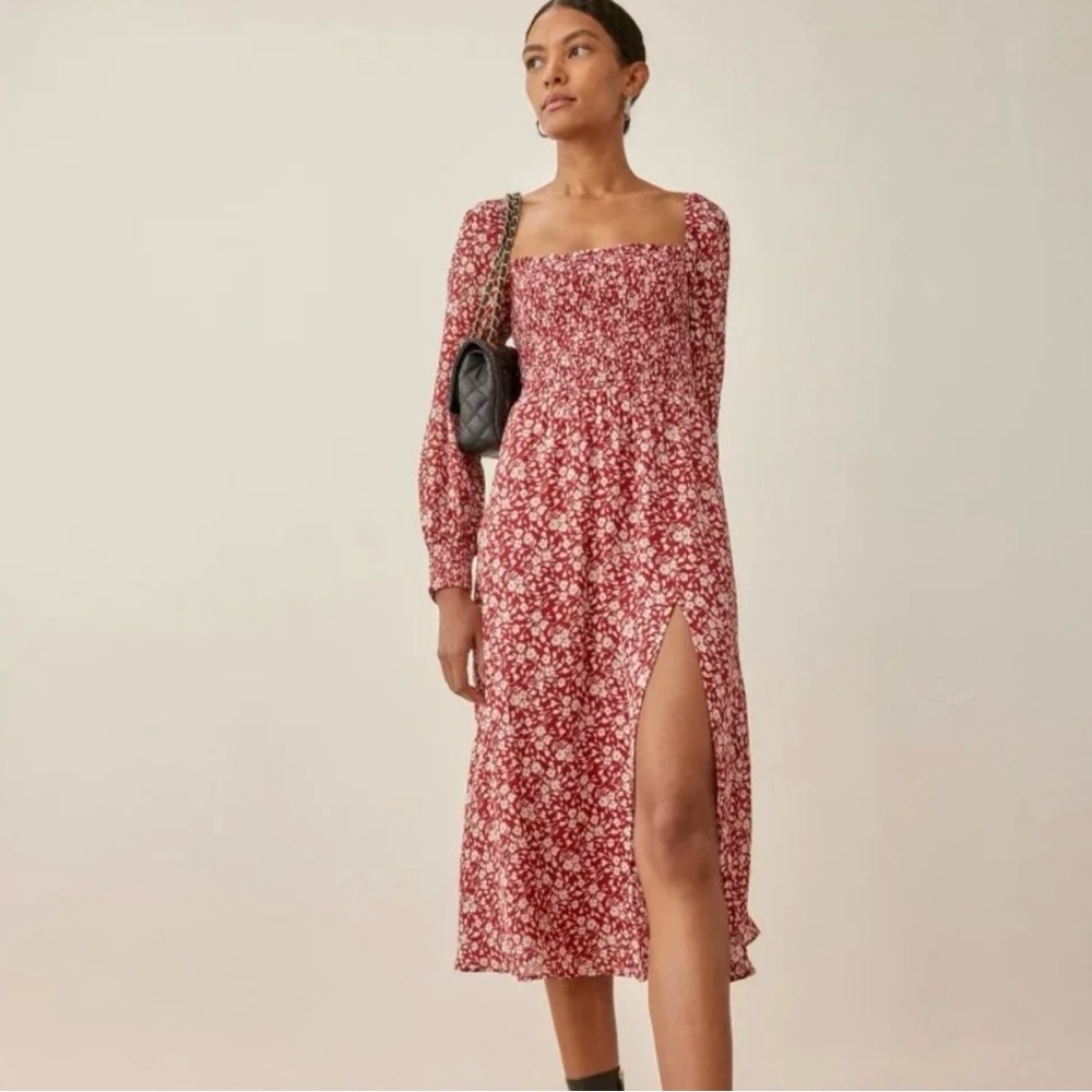 NWOT Reformation Cello Long Sleeve Midi Dress Flower Girl in Red/Cream Size: S